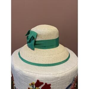 Kathy Jeanne Vintage Straw Derby Hat Tea Church Ladies Green Bow Trim